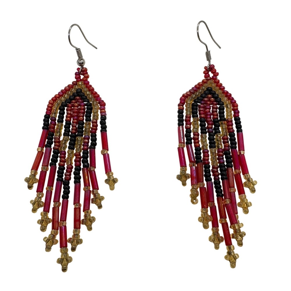 Vintage Handmade Beaded Fringe Earrings Antigua Guatemala Red Black Cross Dangle
